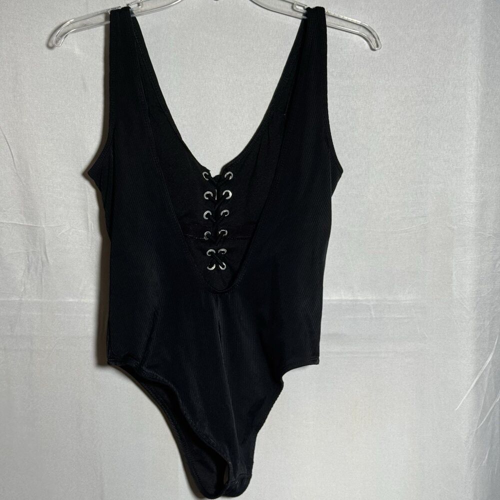 California Waves One Piece Swimsuit Black Lace Up Front Ribbed Medium Beach Pool